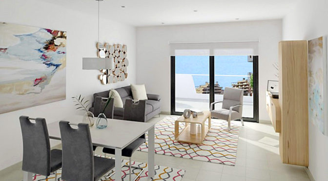 zaprojektowany w nowoczesnym designie salon w luksusowym apartamencie do sprzedaży Hiszpania (Costa Blanca , Alicante, Los Arenales del Sol)