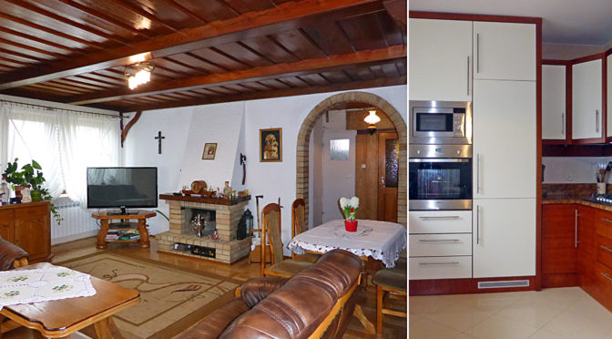 po lewej salon z kominkiem, po prawej fragment nowoczesnej kuchni w ekskluzywnej rezydencji do sprzedaży Malbork (okolice)