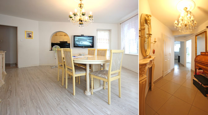 po lewej elegancka jadalnia, po prawej komfortowy hol w ekskluzywnym apartamencie na sprzedaż Szczecin