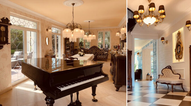 wytworne wnętrze z fortepianem w ekskluzywnej rezydencji na wynajem Ustka