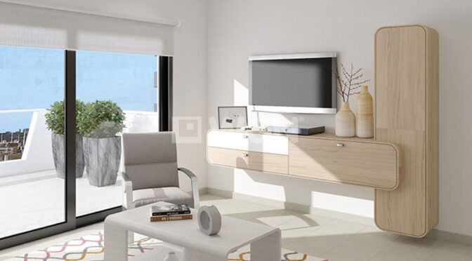 wizualizacja prezentuje nowoczesny pokój dzienny w ekskluzywnym apartamencie na sprzedaż Hiszpania (Costa Blanca Alicante, Los Arenales del Sol)