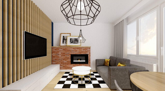 nowoczesny salon z kominkiem w luksusowym apartamencie na sprzedaż Kalisz