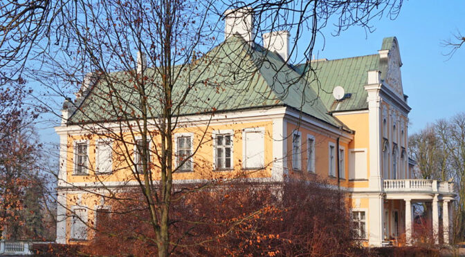 widok z boku na bryłę luiksusowego pałacu do sprzedaży Wielkopolska