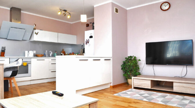 po lewej aneks kuchenny, po prawej salon w ekskluzywnym apartamencie na sprzedaż Szczecin