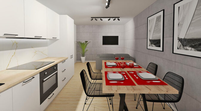 wizualizacja nowoczesnej jadalni i kuchni w luksusowym apartamencie na sprzedaż Elbląg