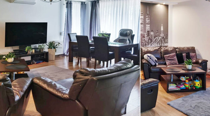 dwa ujęcia salonu w luksusowym apartamencie na sprzedaż Piotrków Trybunalski (okolice)
