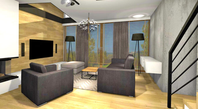 efektowna wizualizacja pokoju gościnnego w luksusowym apartamencie na sprzedaż Kwidzyn