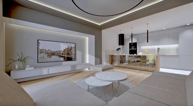 efektowne oświetlenie pokoju dziennego w luksusowym apartamencie na sprzedaż Piotrków Trybunalski