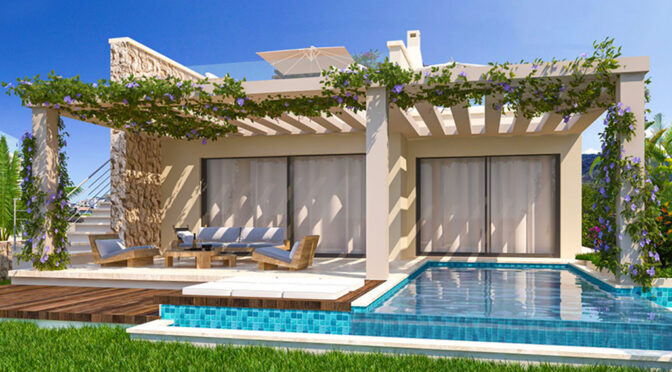 widok od strony basenu na luksusową rezydencję na sprzedaż Cypr (Tatlisu)