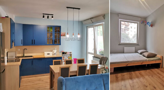 po lewej salon i kuchnia, po prawej sypialnia w ekskluzywnym apartamencie do sprzedaży Legnica (okolice)