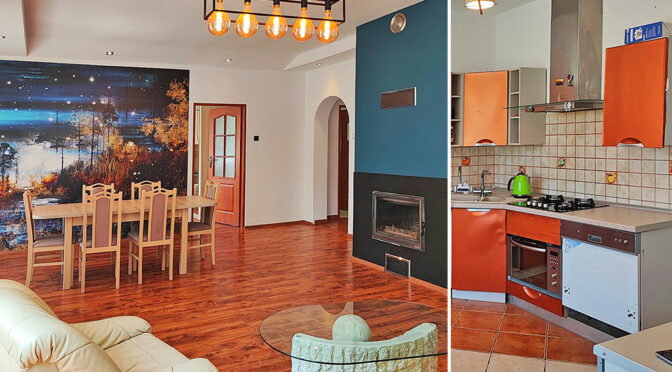 po lewej salon, po prawej kuchnia w luksusowym apartamencie na sprzedaż Zielona Góra