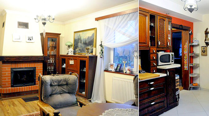 po lewej salon z kominkiem, po prawej komfortowa kuchnia w luksusowej rezydencji do sprzedaży Chrzanów (okolice)