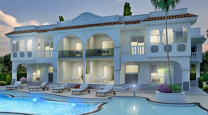 widok od strony basenu na ekskluzywny apartament do sprzedaży Ciudad Quesad (Hiszpania)