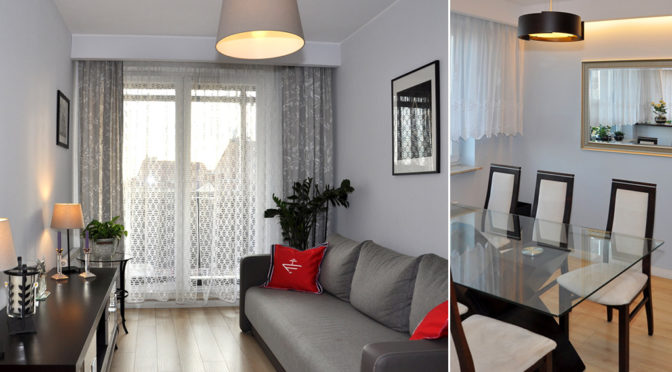 po lewej komfortowy salon, po prawej jadalnia w ekskluzywnym apartamencie do wynajęcia Wrocław