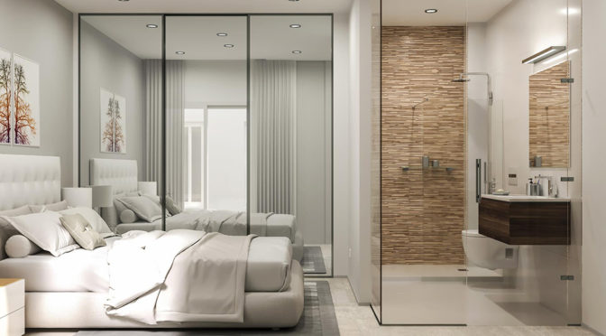 po lewej sypialnia, po prawej łazienka w ekskluzywnym apartamencie na sprzedaż Torreviej (Hiszpania)