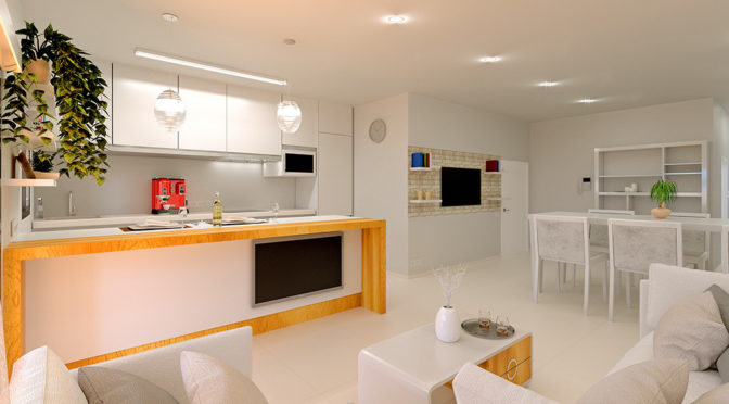 nowoczesny salon i kuchnia w ekskluzywnym apartamencie do sprzedaży Torreviej (Hiszpania)