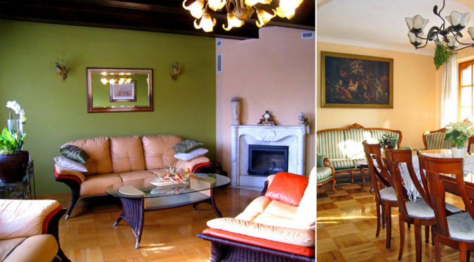 po lewej salon z kominkiem, po prawej pokój dzienny w ekskluzywnej rezydencji na sprzedaż Chrzanów (okolice)