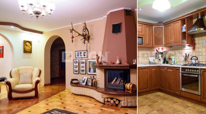 po lewej salon z kominkiem, po prawej kuchnia w ekskluzywnej rezydencji do sprzedaży Radomsko