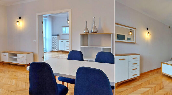 po lewej pokój dzienny i jadalnia, po prawej kuchnia w ekskluzywnym apartamencie na wynajem Częstochowa