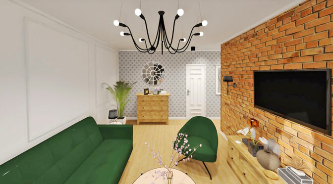 wizualizacja nowoczesnego salonu w ekskluzywnym apartamencie na sprzedaż Elbląg