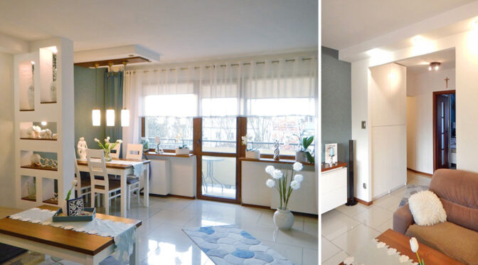 po lewej salon, po prawej kuchnia w ekskluzywnym apartamencie na sprzedaż Szczecin